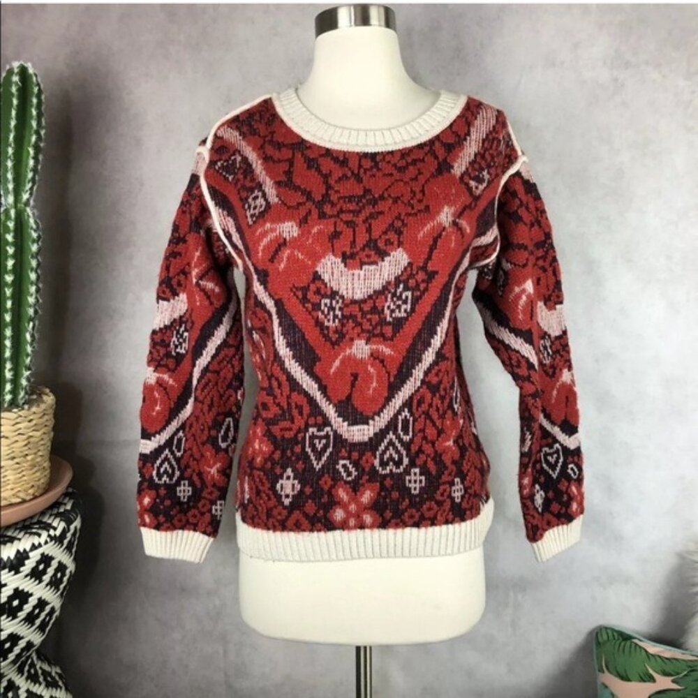 & Other Stories Red Intarsia Floral Wool Sweater